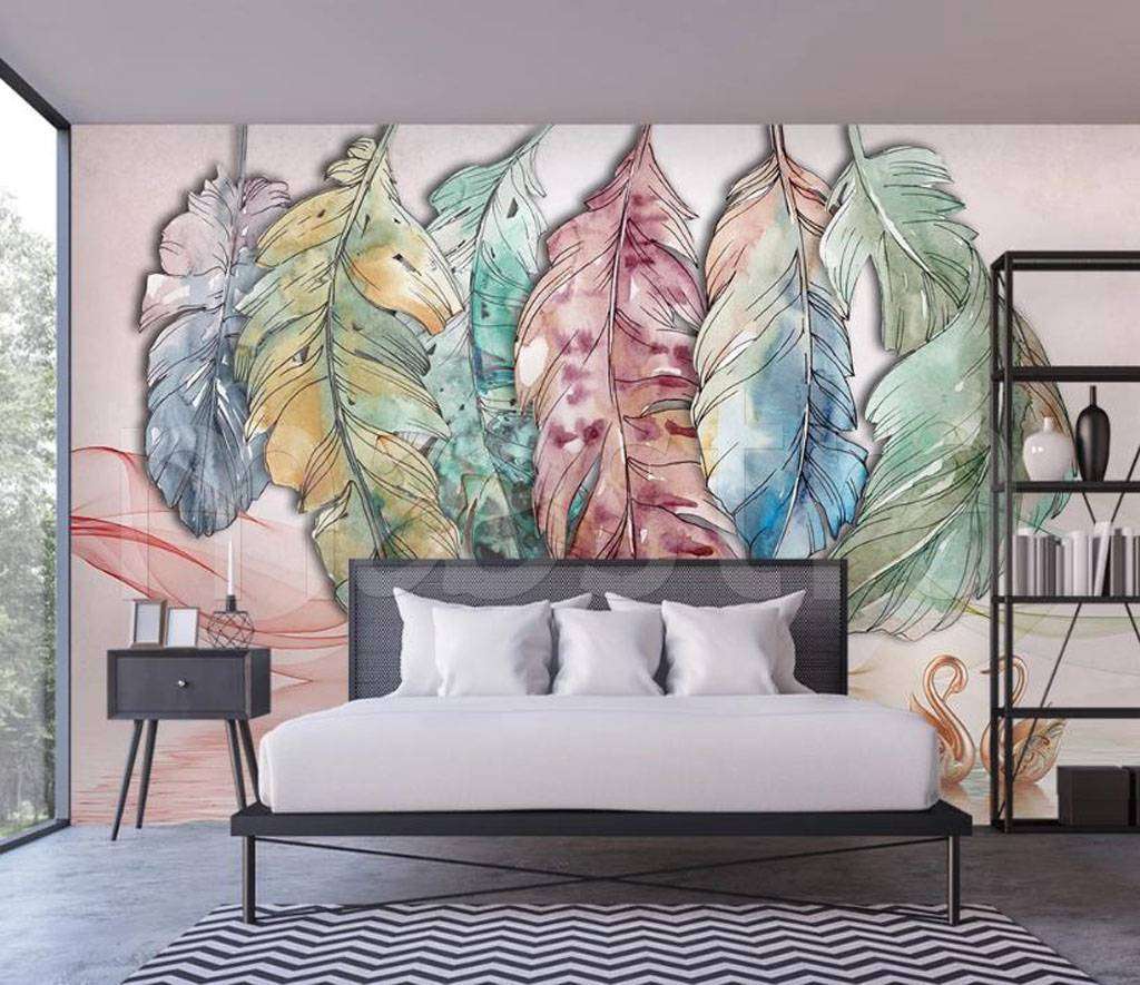 Фотообои в интерьере перья рисунок  15-495 фото