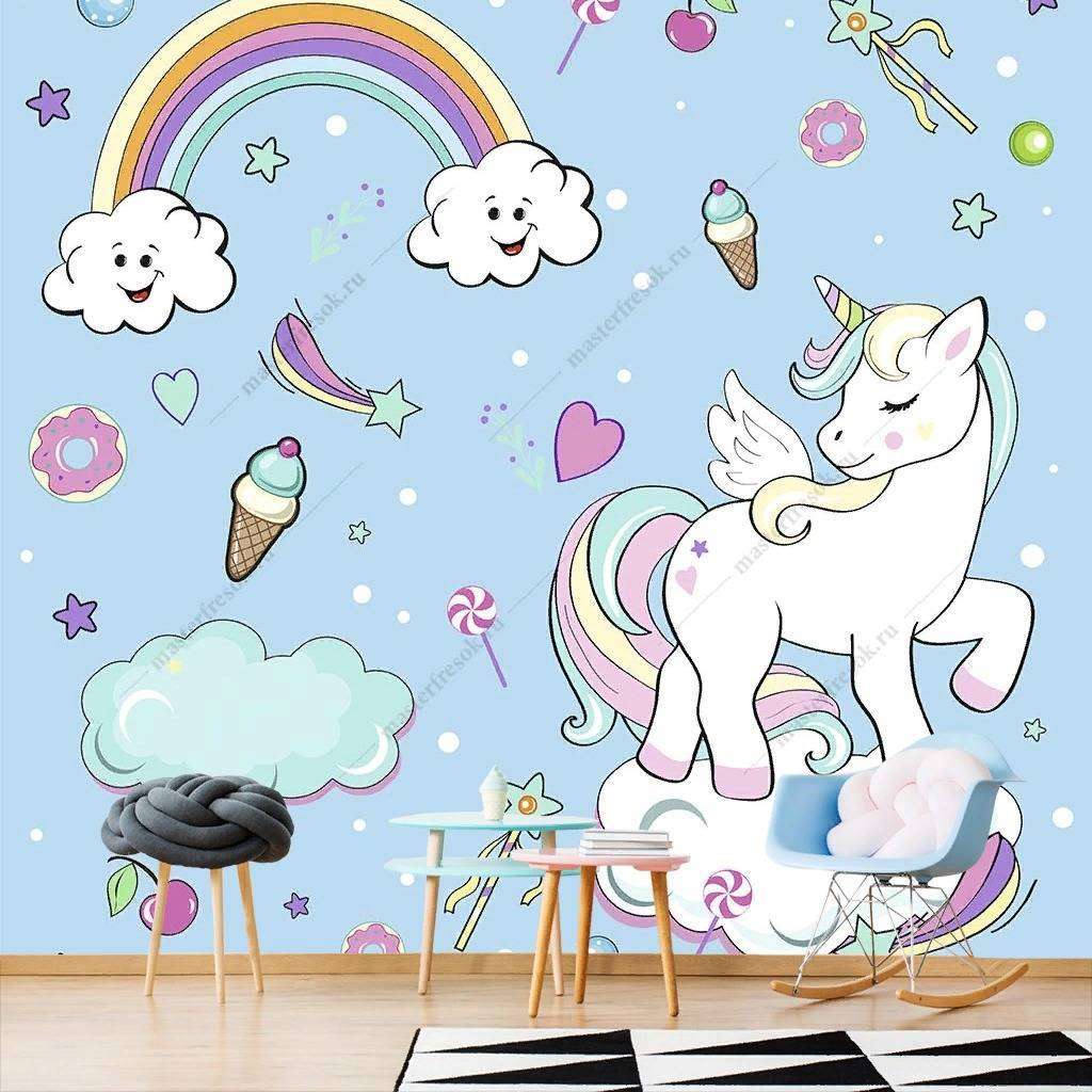Фотообои в интерьере единорог на облаках на голубом фоне  12-417 фото