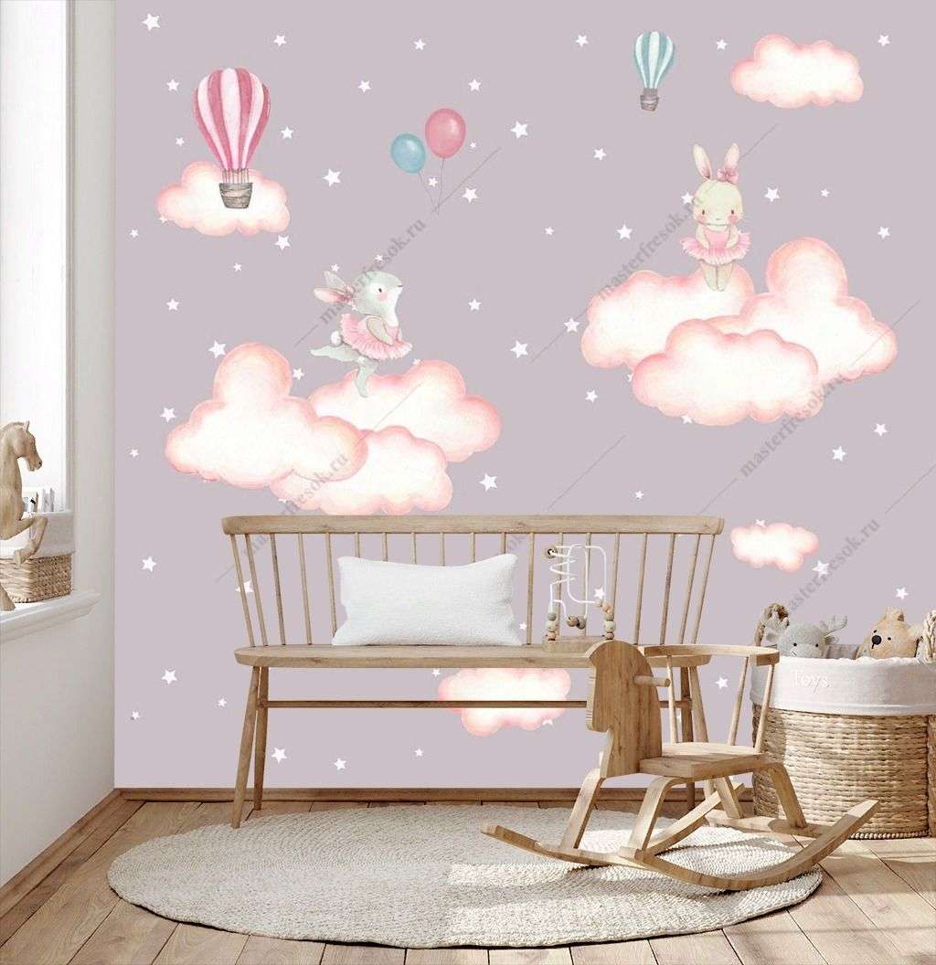 Фотообои в интерьере в детскую зайки в облаках   12-1595 фото