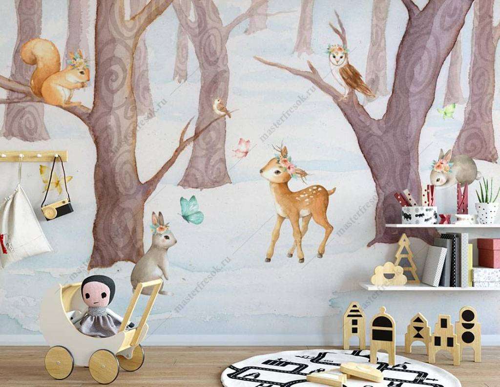 Фотообои Бесшовные обои на стену:  Животные в зимнем лесу. Артикул: 15-994  