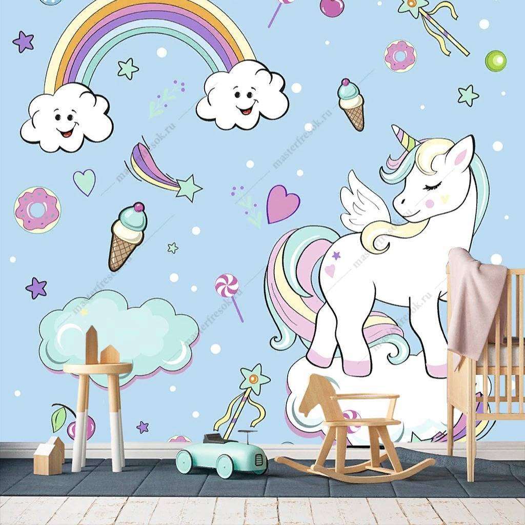Фотообои в интерьере единорог на облаках на голубом фоне  12-417 фото