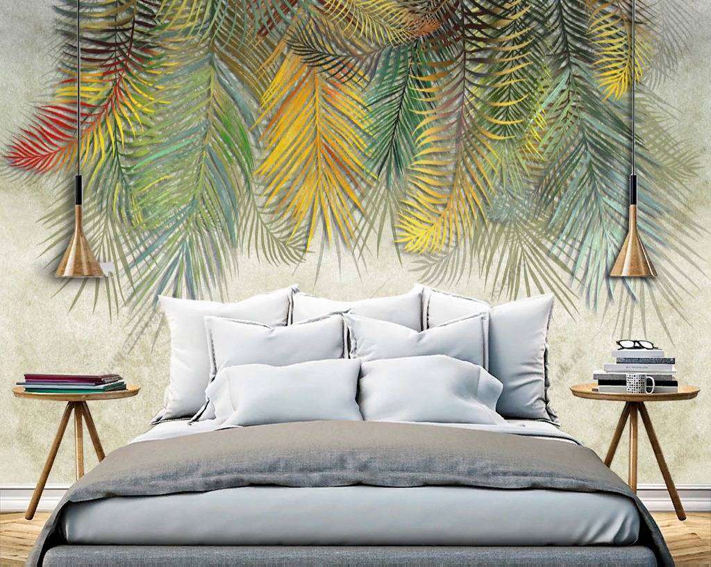 Фотообои в интерьере разноцветные листья пальмы  10-765 фото