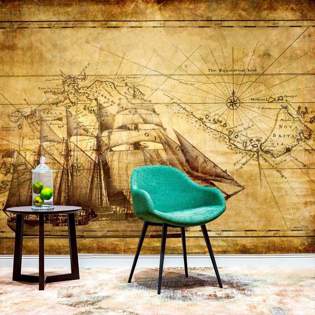 Фотообои в интерьере старинная карта с кораблем  3-090 фото
