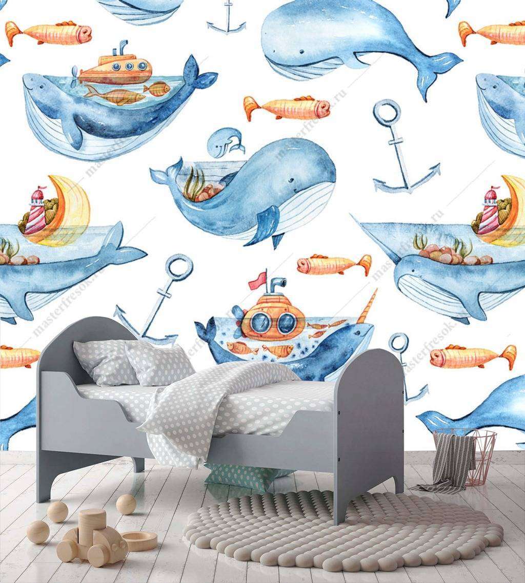 Фотообои в интерьере киты и подводная лодка  12-732 фото
