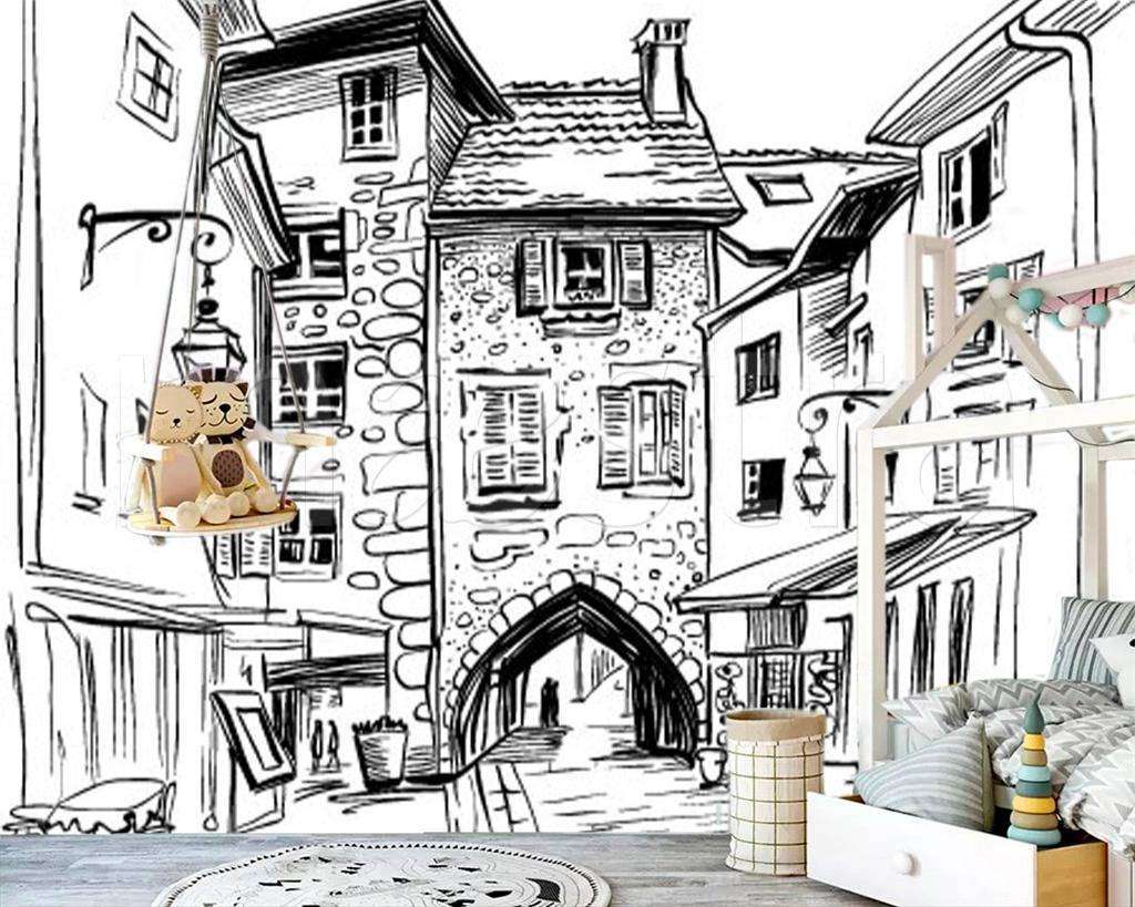 Фотообои в интерьере домики рисунок графика  12-500 фото