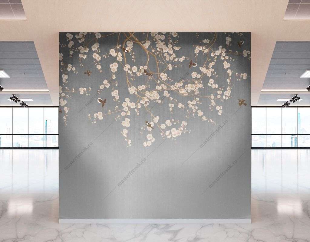 Фотообои в интерьере веточка сакуры и птицы  9-1481 фото