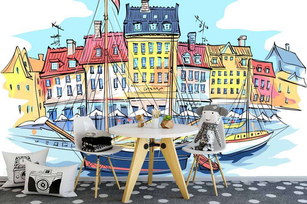 Фотообои в интерьере набережная с домиками графика  12-499 фото