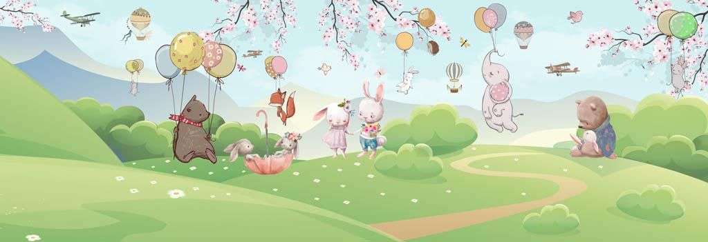 Фотообои в интерьере зверята с шарами на поляне  12-1208 фото