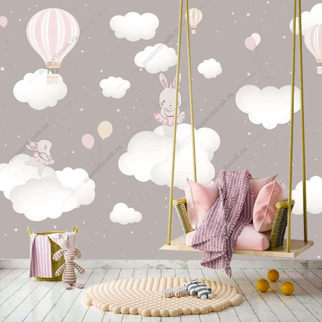 Фотообои в интерьере зайки милые на облаках  12-1477 фото