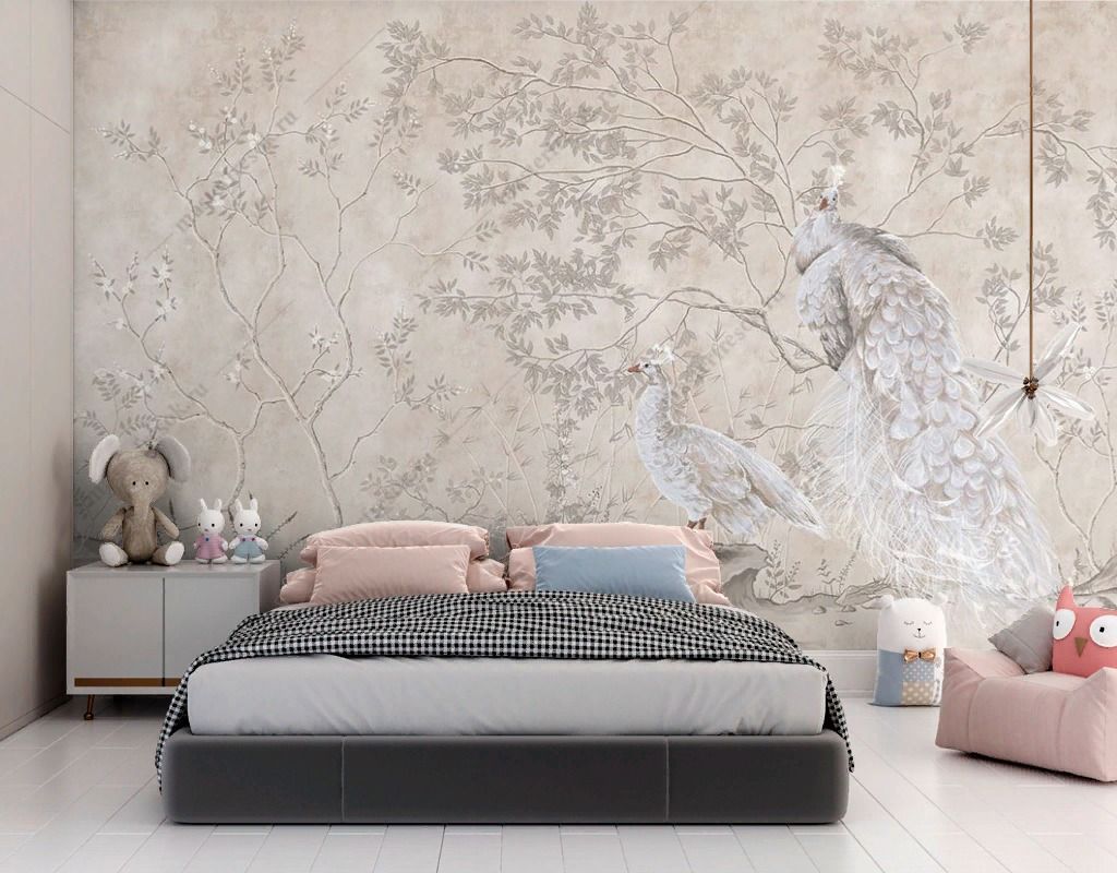 Фотообои Благородные белые павлины бежевый фон  9-1821