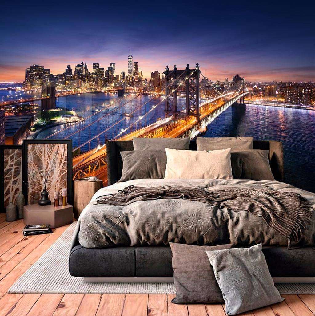 Фотообои в интерьере ночной мост нью йорка с подсветкой  9-819 фото