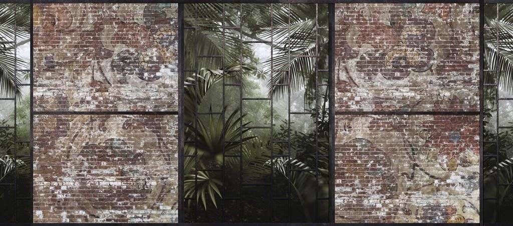 Фотообои в интерьере тропический лес за каменной стеной  9-1240 фото