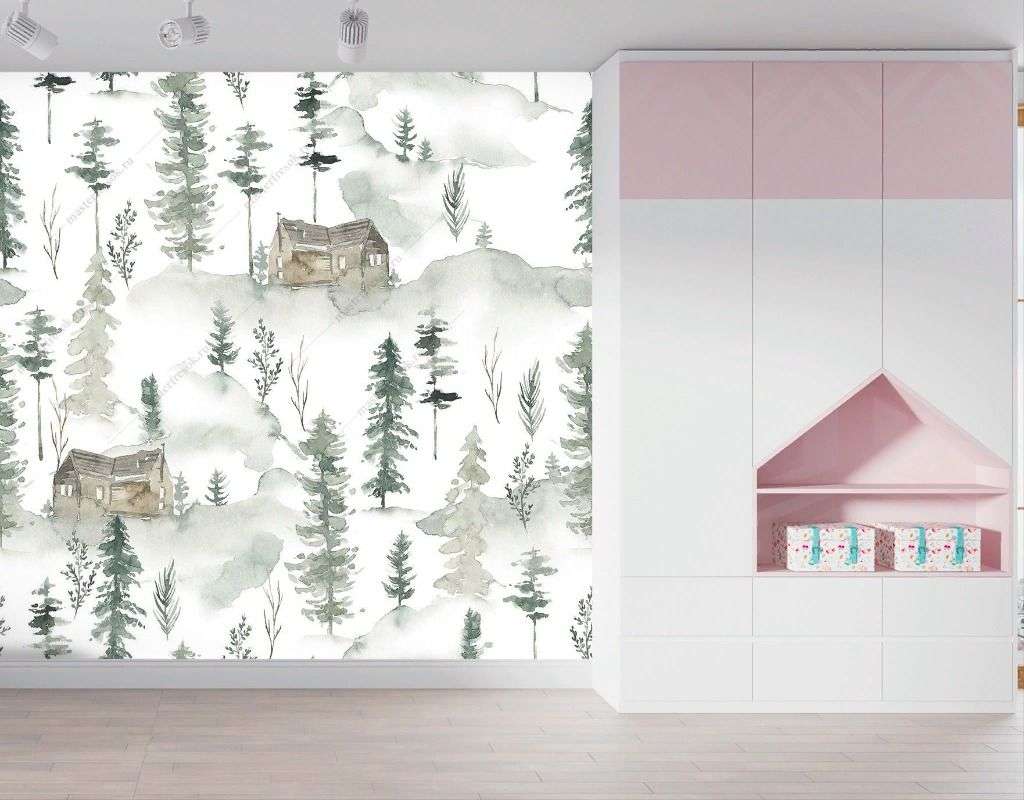 Фотообои в интерьере лесной фон с домиками  12-1496 фото
