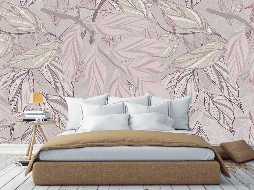Фотообои в интерьере в спальню веточки с листьями лиловые  9-1978 фото