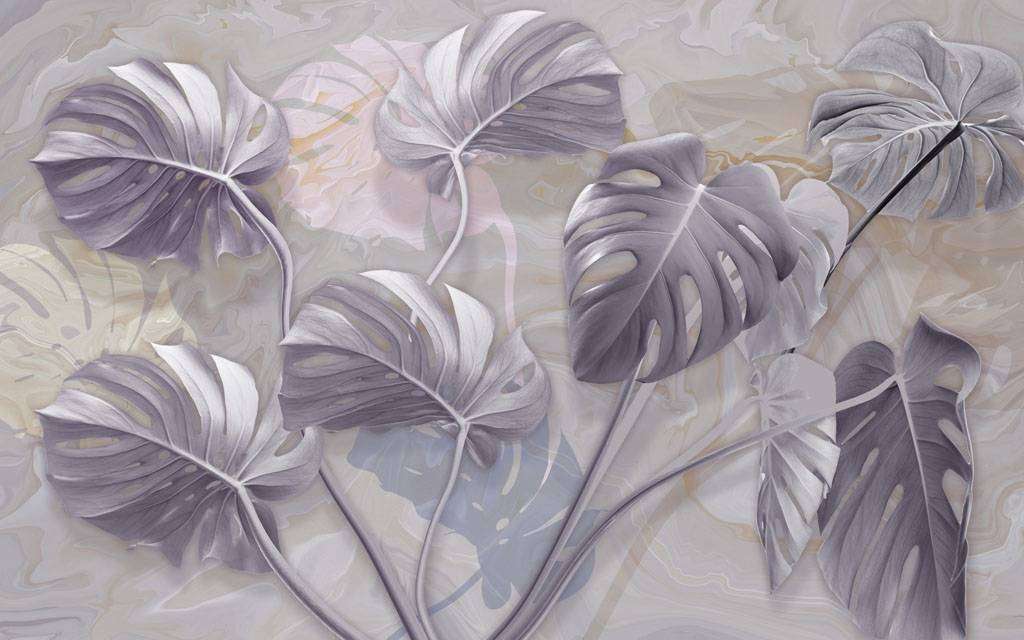 Фотообои в интерьере листья монстеры в сиреневом цвете  13-318 фото