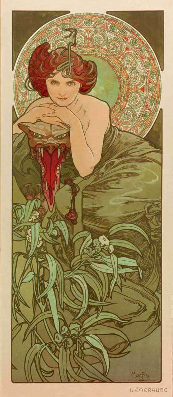 Фотообои в интерьере альфонс мариа муха – изумруд  8-190 фото