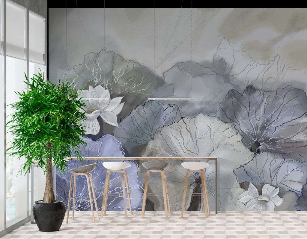 Фотообои в интерьере лотосы серо-бирюзовые  9-1775 фото