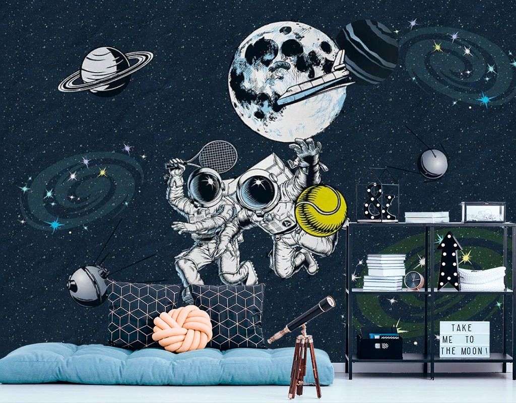 Фотообои в интерьере в детскую: космонавты-теннисисты.   14-738 фото