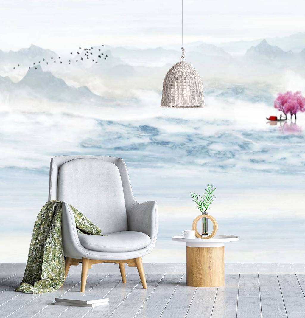 Фотообои в интерьере сакура на озере  15-658 фото