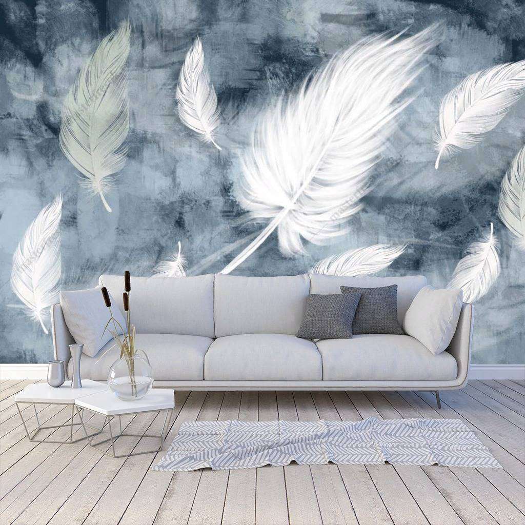Фотообои в интерьере перья на синем фоне  10-843 фото