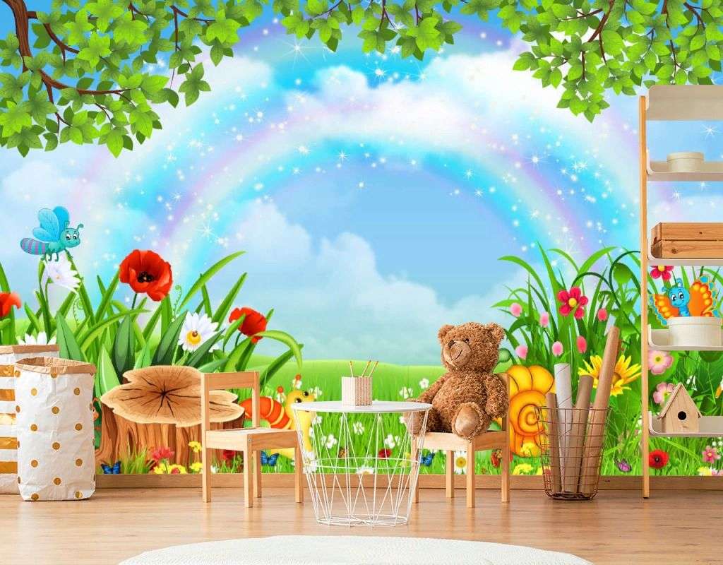Фотообои в интерьере радуга на полянке  19-0014 фото