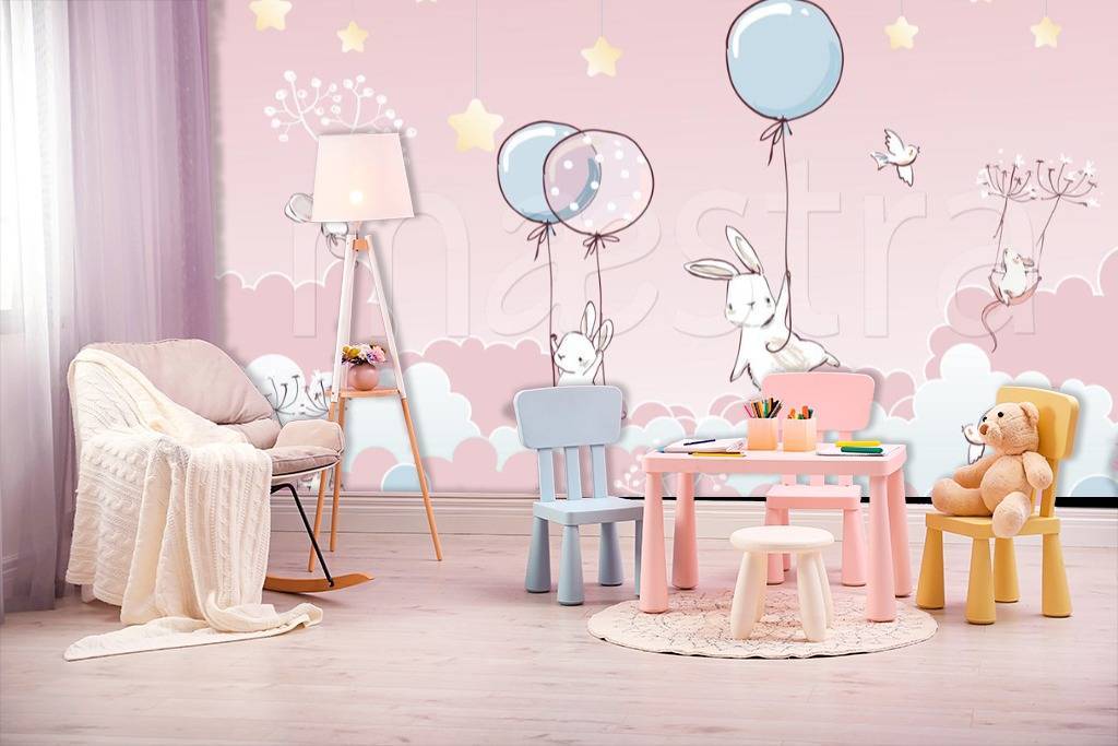 Фотообои Зайцы и мыши летят на шарах на розовом фоне  12-409