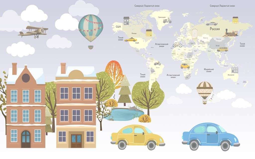 Фотообои в интерьере домики и карта мира  14-263 фото