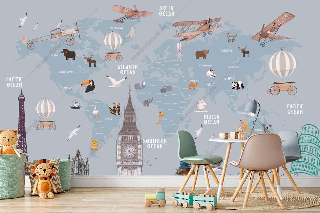 Фотообои в интерьере карта мира над городом  12-1363 фото