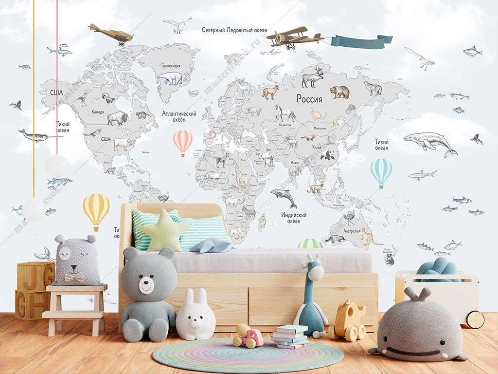 Фотообои в интерьере светлая карта мира в детскую  14-283 фото