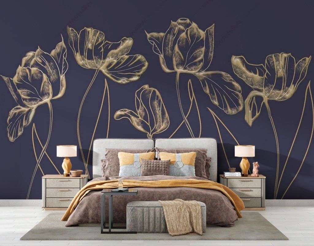 Фотообои в интерьере тюльпан на чёрном фоне  13-530 фото