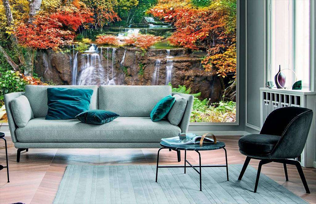 Фотообои в интерьере водопад осенние краски  4-370 фото