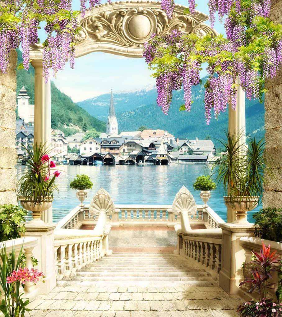 Фотообои в интерьере арка с цветущими глициниями к морю  17-0121 фото