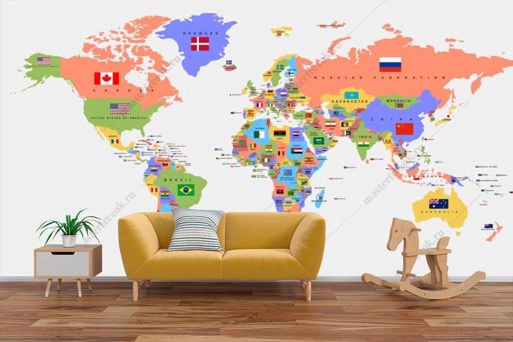 Фотообои в интерьере цветная политическая карта  14-586 фото
