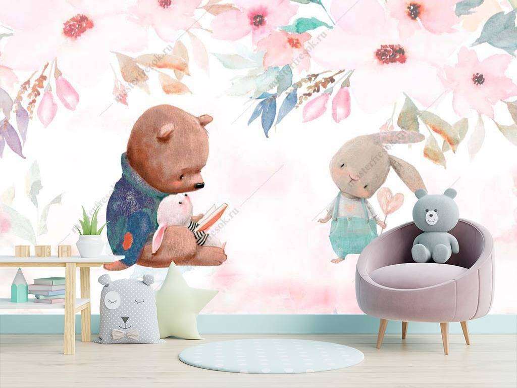 Фотообои в интерьере медвежонок и зайка  14-018 фото