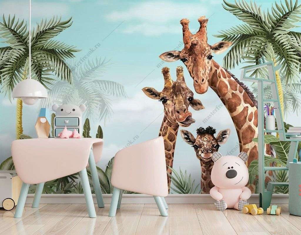 Фотообои в интерьере семейство жирафов  14-513 фото
