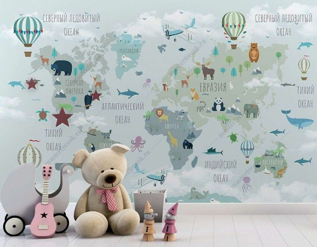 Фотообои в интерьере карта мира крупным шрифтом  12-1453 фото