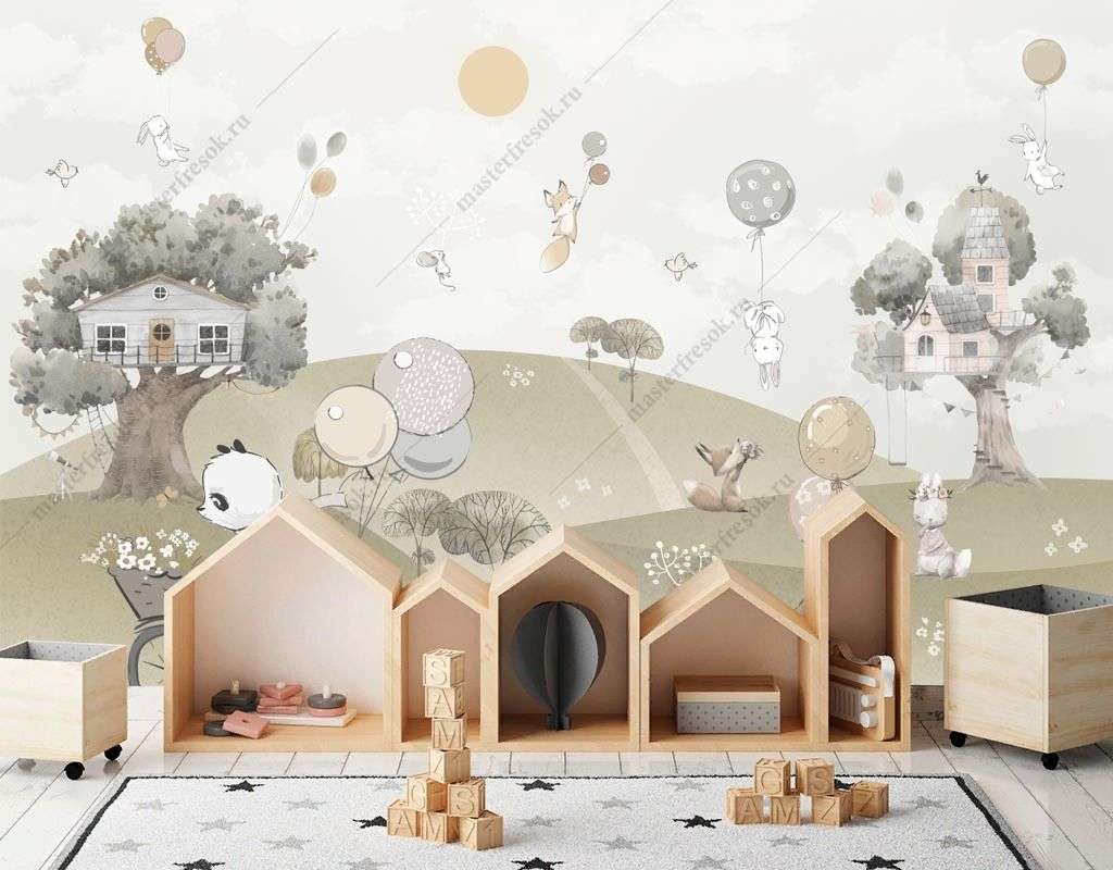 Фотообои в интерьере мишка на велосипеде на полянке  12-1503 фото