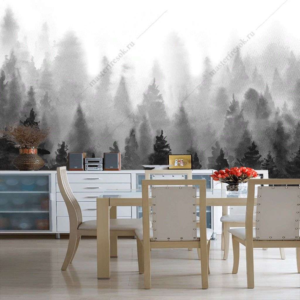 Фотообои в интерьере чёрно-белый лес  9-1727 фото