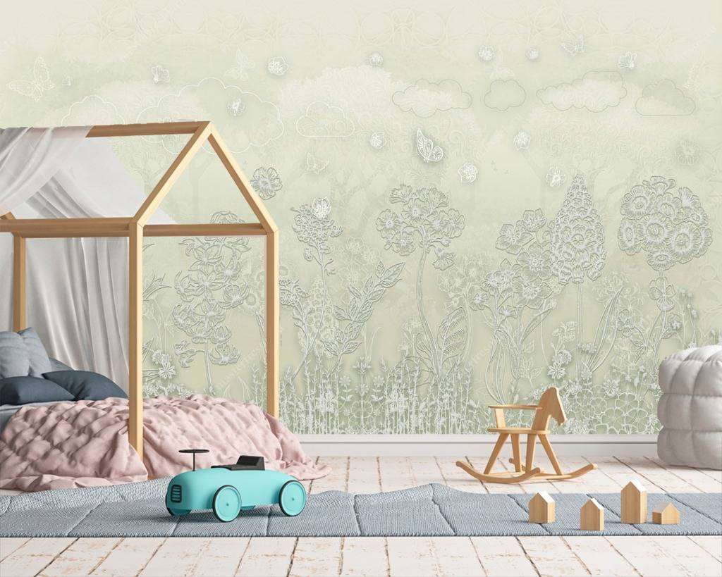 Фотообои в интерьере зеленое поле с цветами  13-120 фото