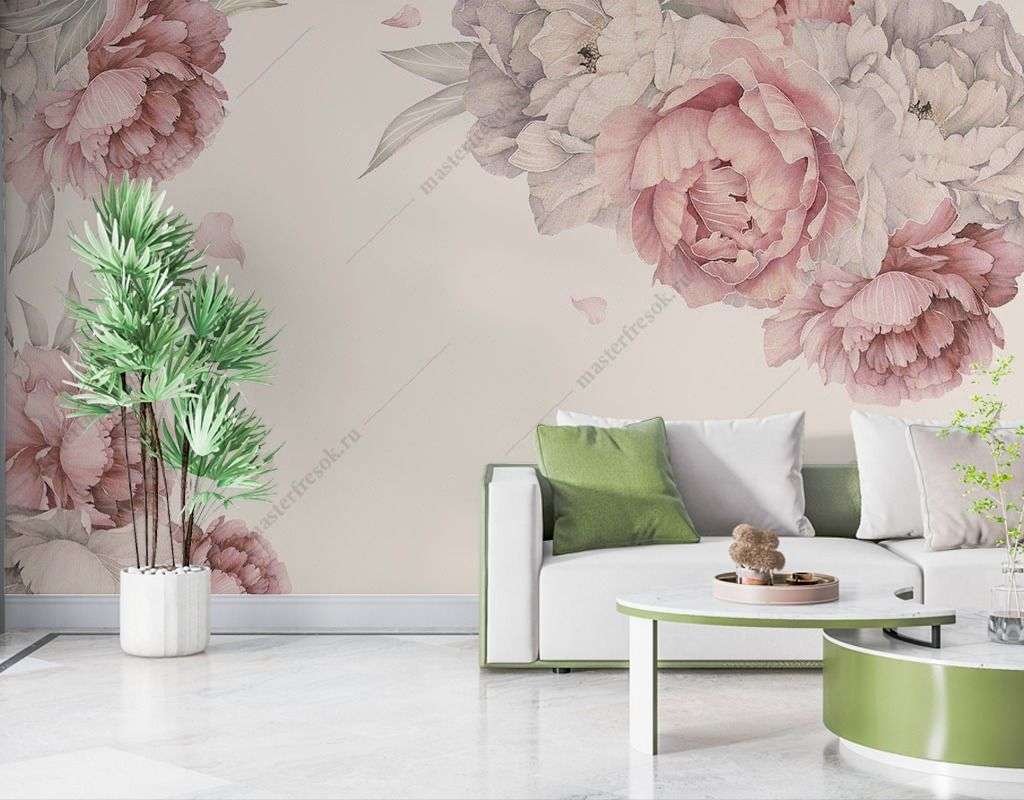 Фотообои в интерьере пионы нежно-розовые  12-1470 фото