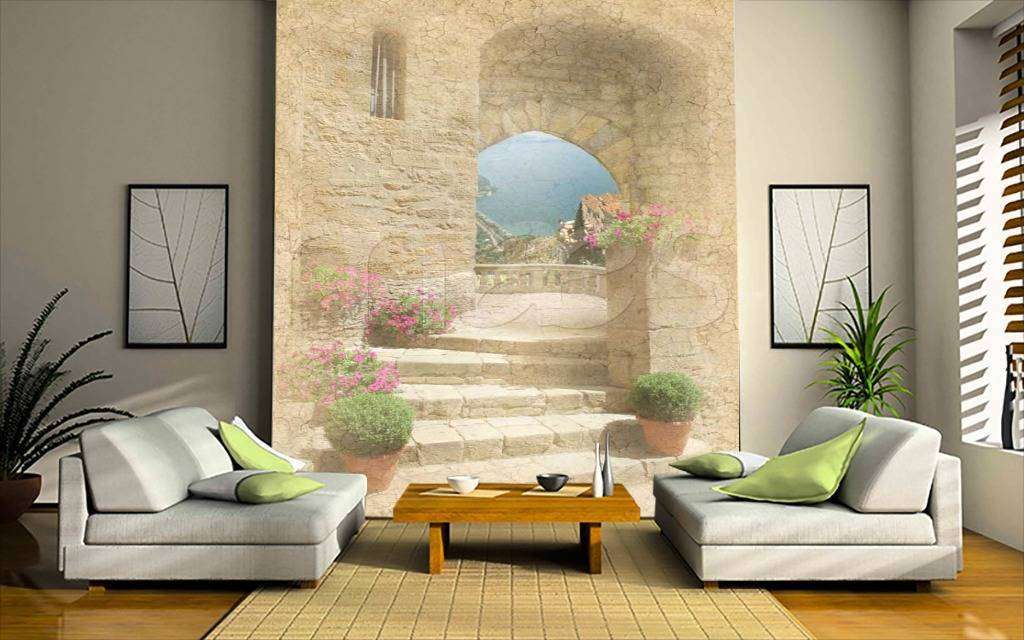 Фотообои в интерьере арка с выходом на скалистый берег  11-064 фото