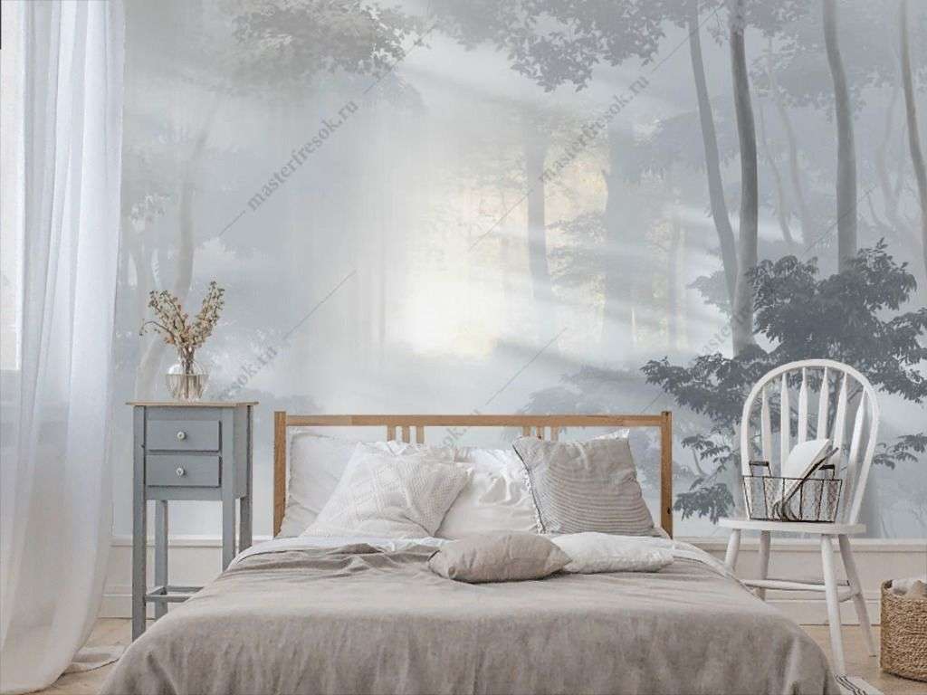 Фотообои в интерьере солнечный туманный лес  13-354 фото