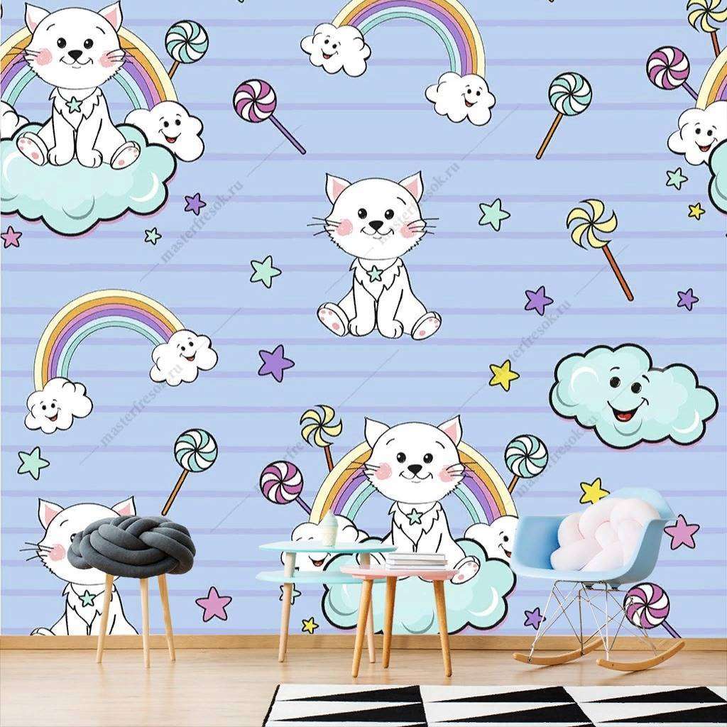 Фотообои в интерьере котята на облаках на голубом фоне  12-415 фото