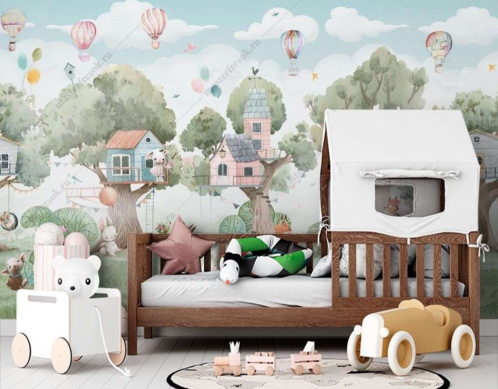 Фотообои в интерьере деревья и животные с домиками  14-371 фото