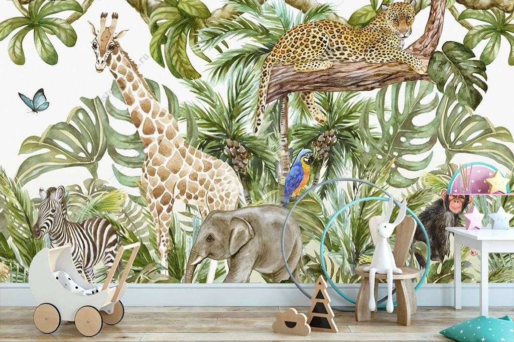 Фотообои в интерьере солнечные джунгли в детскую   14-722 фото