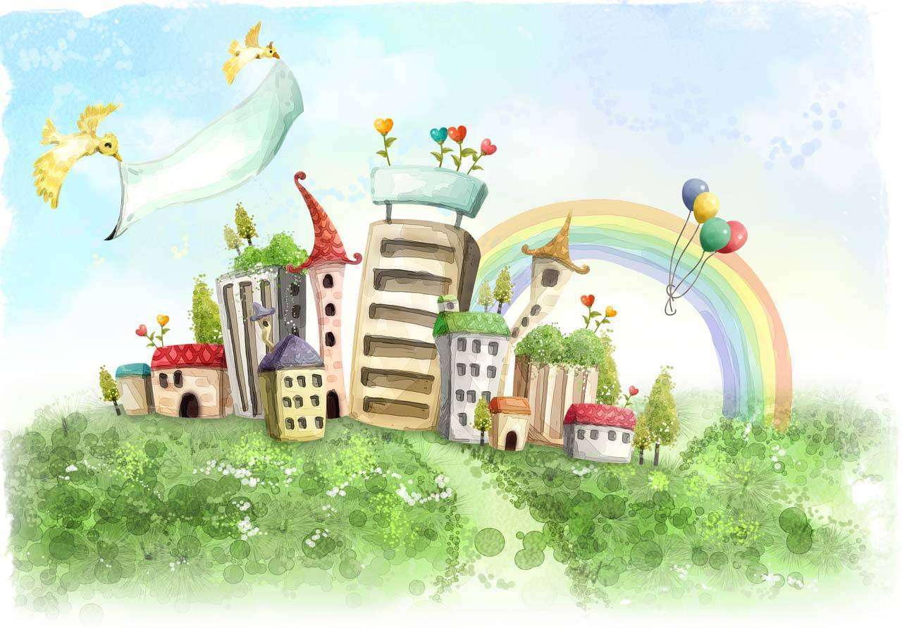 Фотообои в интерьере радуга и воздушные над городом  12-298 фото