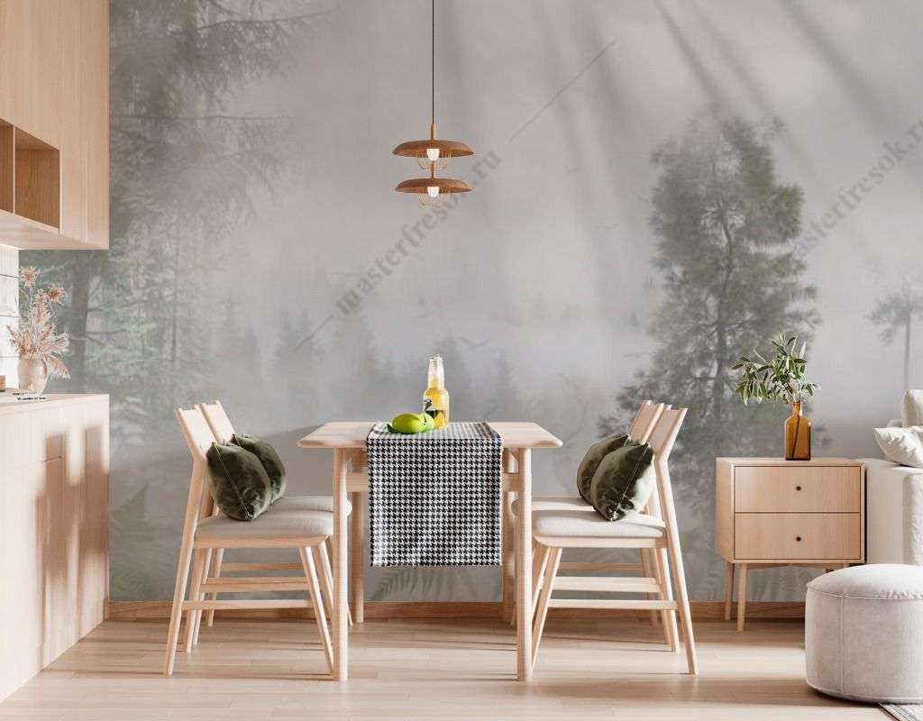 Фотообои в интерьере лучи солнца в туманном лесу  13-465 фото