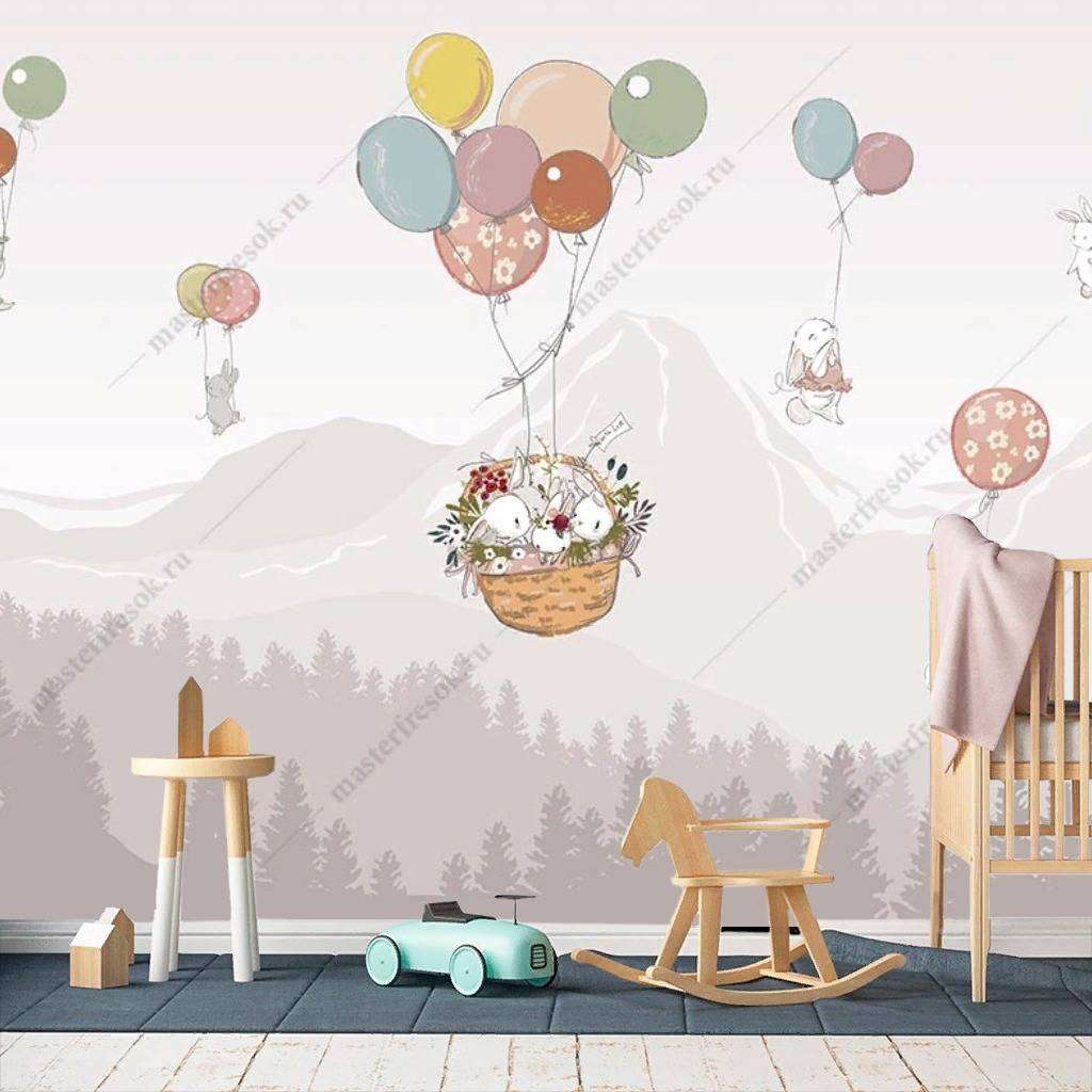 Фотообои в интерьере зайчики на шариках в горах  14-075 фото