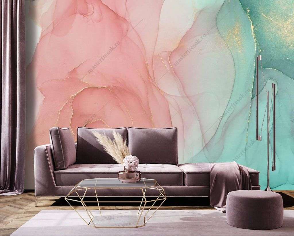 Фотообои в интерьере розово-зеленый флюид  9-1320 фото