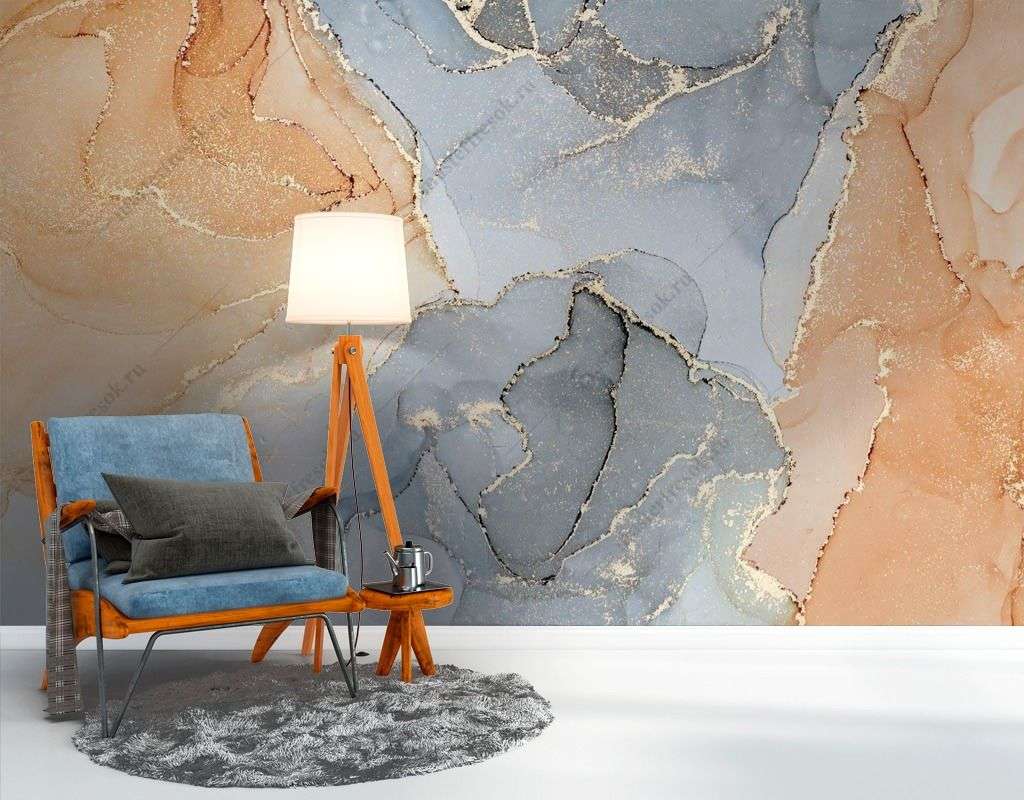 Фотообои в интерьере золотые разводы флюида  9-1525 фото